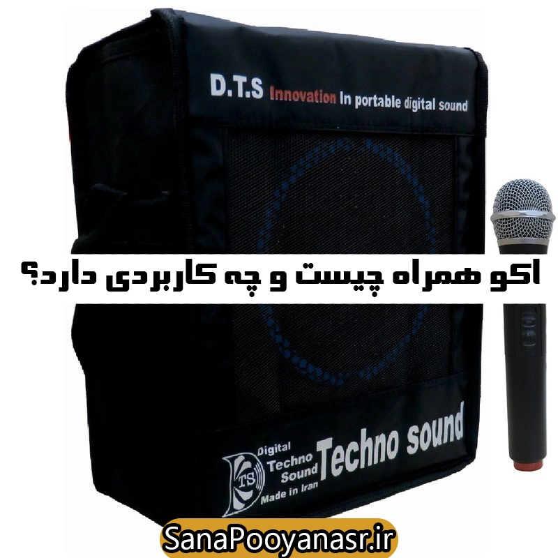 تصویر یک اکو همراه شارژی با قابلیت اتصال میکروفون و بلوتوث.